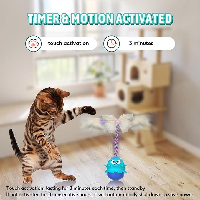 LEWISER Cat Toys Monster, 3in1 Rechargeable Automatic Interactive Cat Toy for Indoor Cats Exercise, Real Feathers, Silicone and Butterfly Tail, LED Lighting, Mice Squeak Chirping, Blue