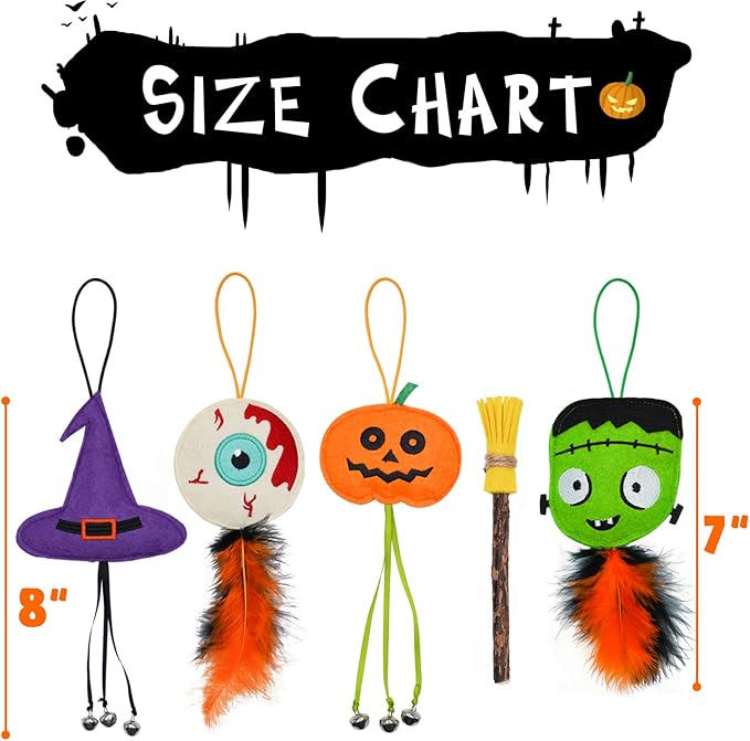 Halloween Cat Toys for Indoor Cats, 4Pcs Catnip Toys with 1 Natural Silvervine Stick, Halloween Interactive Cat Toys with Feather and Bells for Indoor Cats & Kitten & Kitty
