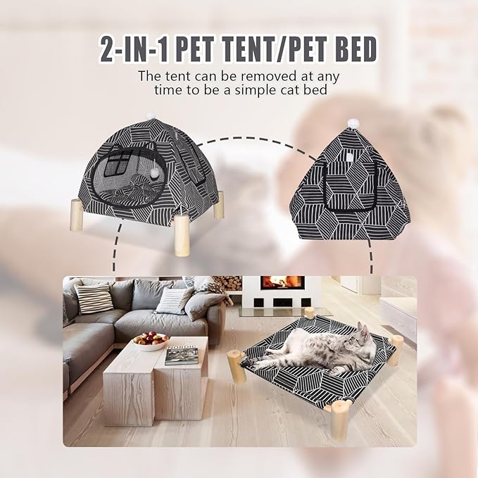 Pozico 2 in 1 Cat Bed Tent Wooden Frame Cat Teepee Cat Hammock, Quick Assembly and Disassembly, Portable Indoor/Outdoor Pet Dog Tent House for Cats Puppies Small Animals:Black Diamond Tent