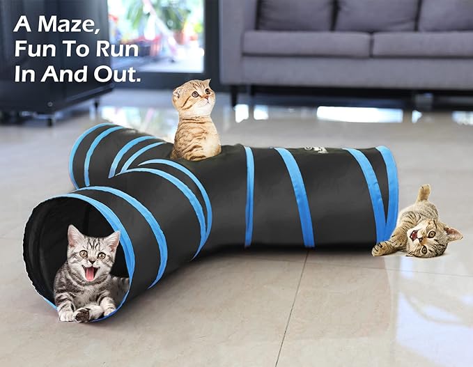 Pawaboo Cat Toys, Cat Tunnel Tube 3-Way Tunnels 25x53cm Extensible Collapsible Cat Play Tent Interactive Toy Maze Cat House Bed with Balls and Bells for Cat Kitten Kitty Rabbit Small Animal, Blue