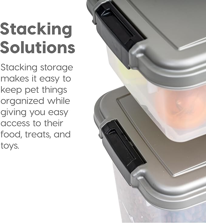 IRIS USA Dog Food Storage Container, 30 lbs & 11 lbs Combo, Cat Food Storage Container, Dog Treat Container, Airtight, Stackable, 2-Cup Scoop, Wheels, Easy Mobility, Chrome