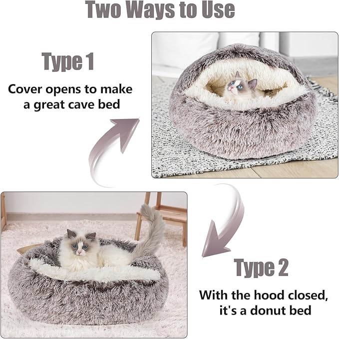 Cat Beds & Dog Bed with Cover Cave, Dog Beds for Small Dogs, Round Soft Plush Donut Calming Pet Bed for Indoor Cats or Small Dog, Washable Puppy Bed with Non-Slip Bottom-20inch