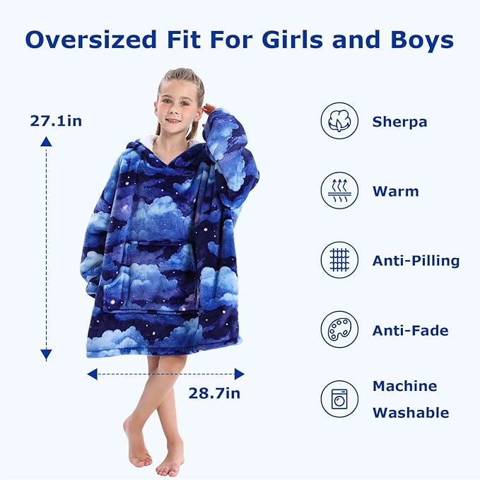THREE POODLE Wearable Blanket Hoodie for Kids, Oversized Sherpa Sweatshirt Blanket with Giant Hood, Warm Cozy Hooded Blanket, Cute Gifts for Kids Girls Boys