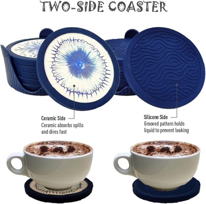 6-Pack Indigo Silicone Coasters with Deep Tray Holder - Double-Sided Drink Coasters - Beverage Mats for Hot or Cold Drinks - Thick, Non-Slip, Non-Stick Silicone with Ceramic Insert