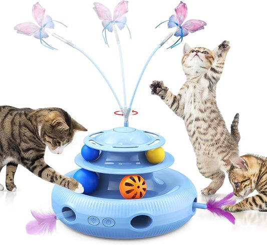 Cat Toys, 4-in-1 Rechargeable Automatic Interactive Cat Toy with Fluttering Butterfly, Random Moving Ambush Feather, Two-Tier Track Balls, 5H Smart Standby, Touch-Activated (Blue)
