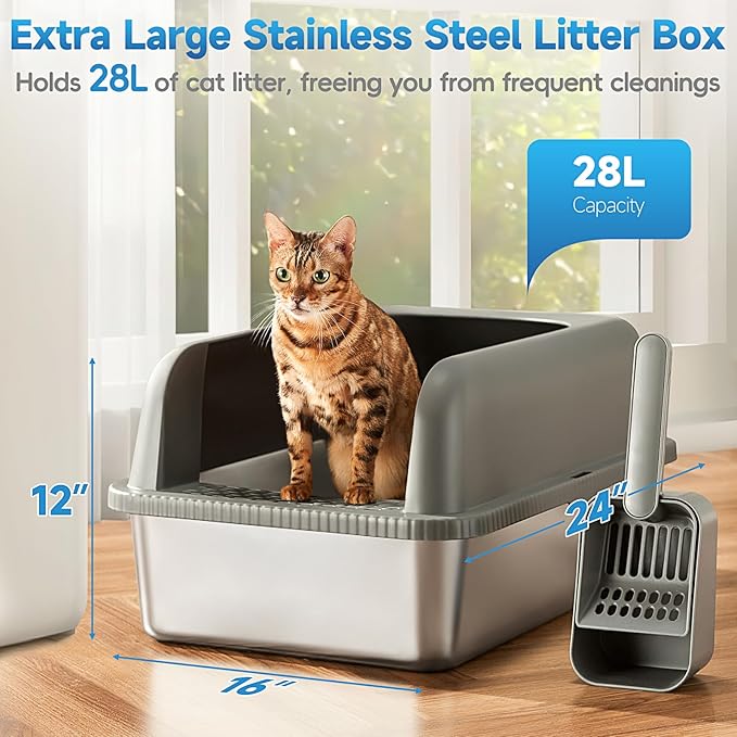 2 Pack Stainless Steel Cat Litter Box with Lid, XL Extra Large Metal Kitty Litter Box for Big Cats, 24" L x 16" W x 12" H, Enclosed Litter Box High Sided, Non-Sticky, Include Litter Scoop