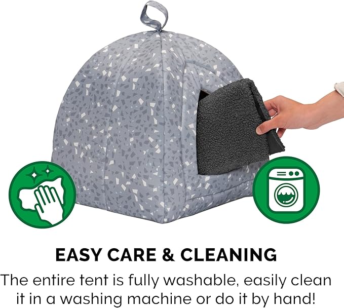 Furhaven Cat Bed Cave for Indoor Cats & Small Dogs, Washable & Foldable w/ Removable Cushion - Polycanvas Print Pet Tent - Gray Terazzo, Small