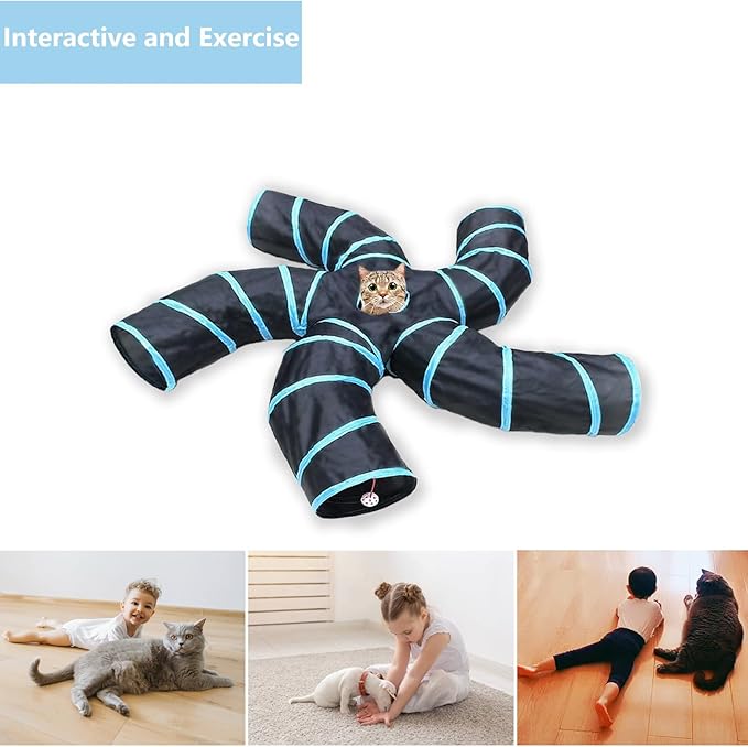 Cat Tunnel Tube Toys，Tunnels for Indoor Cats, 5 Way Blue Collapsible Interactive Toy with Balls for Rabbits, Kittens, Ferrets, Puppy