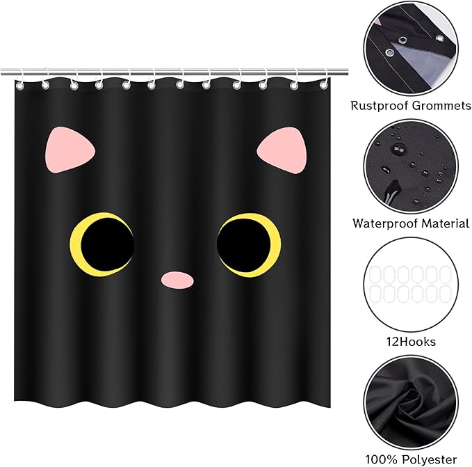 Black Cat Shower Curtain for Bathroom, Cute Cat Print Bathrooms Curtain, Waterproof Polyester Fabric Bathroom Home Decor with 12 Hooks, 71 x 71 Machine Washable (Black)