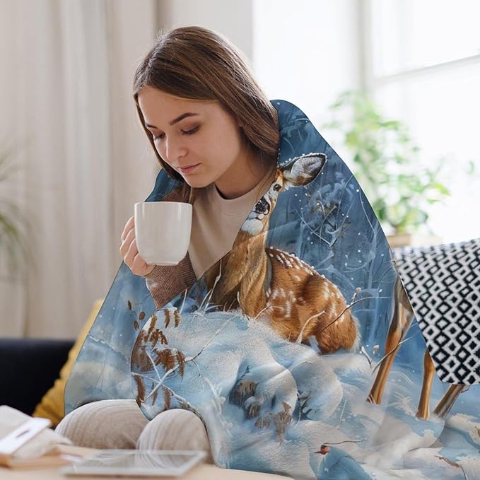Deer Snow Winter Forest Print Blanket Wild Animal Country Nature Night Western Throw Blankets Gifts for Couch Sofa Bed Stuff Decor Soft Fleece Plush Warm Flannel Bedding for Lover Men Women 40"x50"