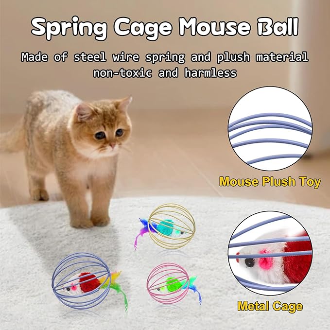 Cat Interactive Toys, Metal Cage with Colourful Plush Mouse Toys, Kitten Teething Toys, Cat Chew Toys, Cat Indoor Exercise Toys Ball, 1PCS Random Color