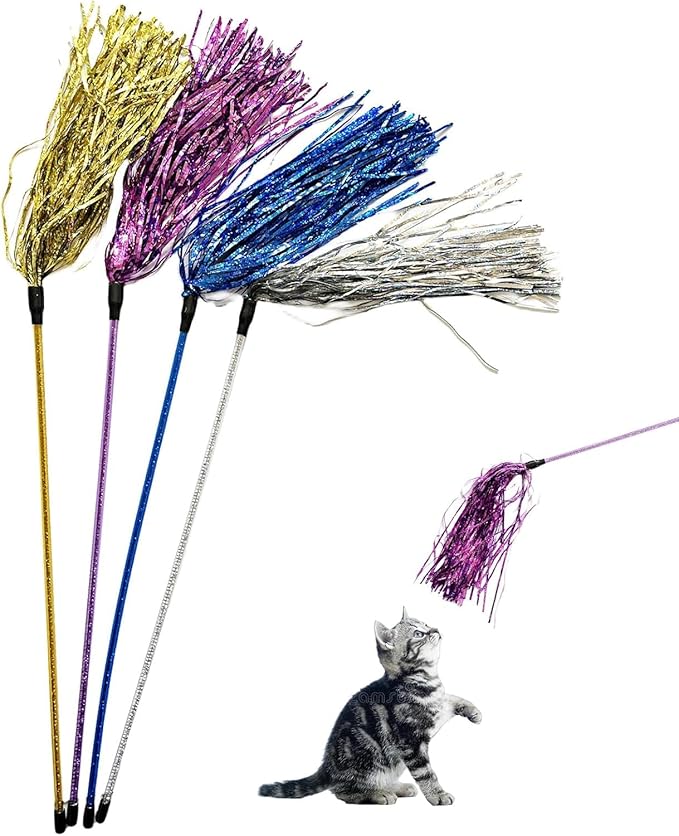 IUHKBH Cat Wands, 4 PCS Colorful Cat Tassel Toys with Bell Interactive Cat Teaser Wand for Cat Kitten Having Fun Exerciser Playing