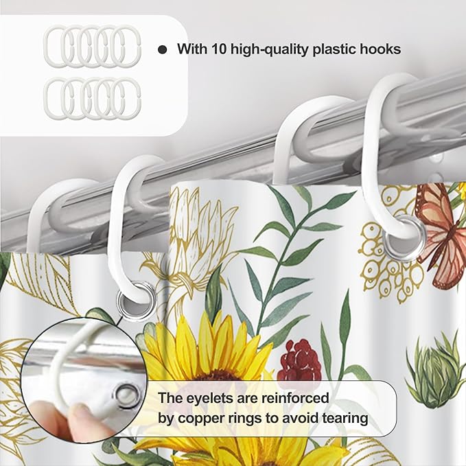 AWERT Vibrant Sunflower Shower Curtain for Bathroom,Waterproof Fabric Plants Shower Curtain with Hooks 72x84 inch