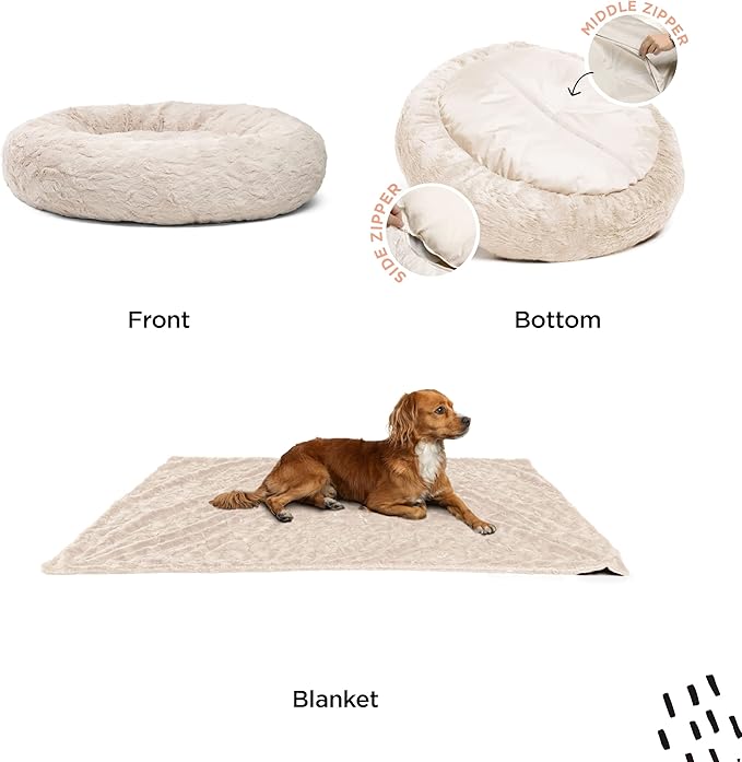 Best Friends by Sheri Bundle Set The Original Calming Lux Donut Cuddler Cat and Dog Bed + Pet Throw Blanket Oyster Large 36" x 36"