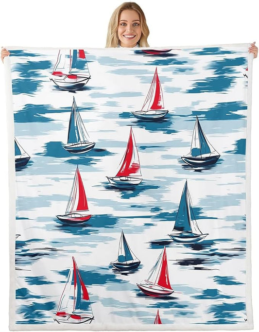 Sailboat Sherpa Blanket Sailboat Printed Fleece Throw Blanket Nautical Plush Blanket for Sofa Couch Bed Bedroom Decor Ocean Marine Themed Fuzzy Blanket Sea Adventure Queen 90x90 Inch