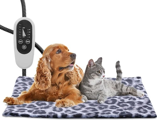Tikaton MET Certified Pet Heating Pad, 2024 New Upgrade Heated Cat Bed Indoor with Auto Shut Off Timer, 6 Temperature Adjustable Pet Heating Pads (M: 28" x 16", BlackLeopard)