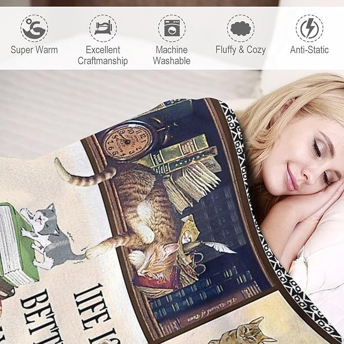 Read Blanket Cat Gifts for Reader Girls Boys Woman Kids Cat Lover Reading Book Throw Blankets Soft Blanket Warm Fleece Flannel Plush Blankets for Bed Sofa Couch 40"x50"