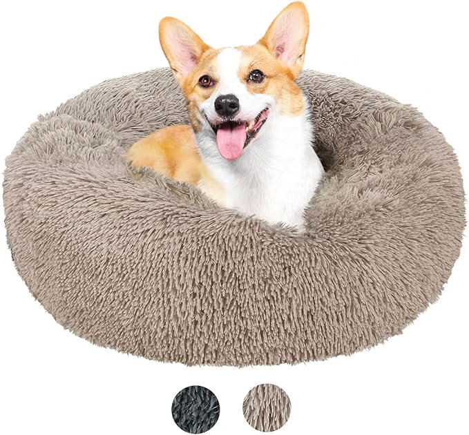 Round Dog Bed for Small Dogs, Donut Cuddler Plush Cat Calming Bed with Machine Washable, Non-Slip Fluffy Dog & Cat Calming Cushion Bed for Joint-Relief and Sleep Improvement, M Size, Khaki