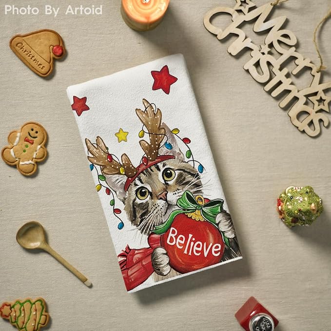Artoid Mode Red Cat Merry Christmas Kitchen Towels Dish Towels, 18x26 Inch Star Xmas Ball Believe Daily Winter Decoration Hand Towels Set of 2