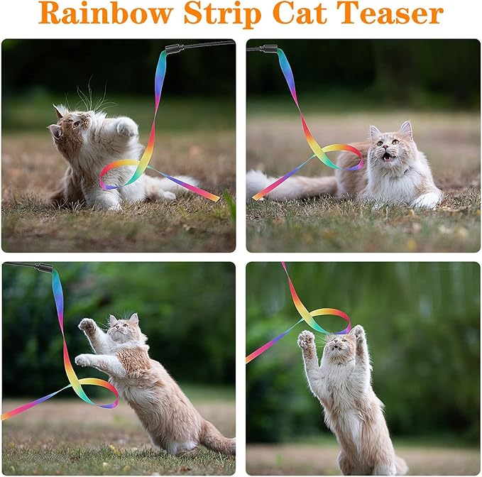 Molain Cat Wand Interactive Toy, 5Sets Colorful Fabric Ribbon Sticks, Cat String Toy for Indoor Interactive, Pet Toys for Kitten Exerciser Accessories(Rainbow Cat String Toy)