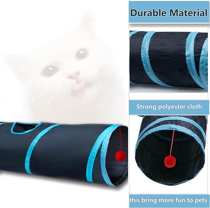Cat Tunnel Tube Toys，Tunnels for Indoor Cats, 2 Way Blue Collapsible Interactive Toy with Balls for Rabbits, Kittens, Ferrets, Puppy