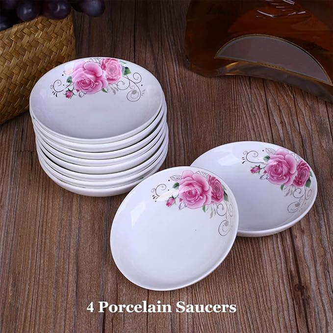 4-Pack Flower Pattern Ceramic Saucer Dishes, 4-Inch Side Dishes for Sushi, Snack, and Seasoning