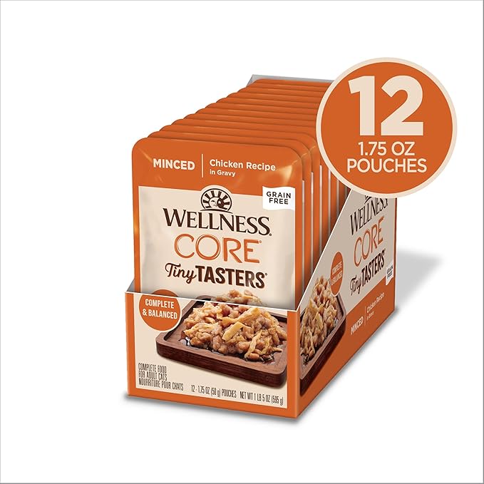 Wellness CORE Tiny Tasters Wet Cat Food, Complete & Balanced Natural Pet Food, Made with Real Meat, 1.75-Ounce Pouch, 12 Pack (Adult Cat, Minced Chicken in Gravy)