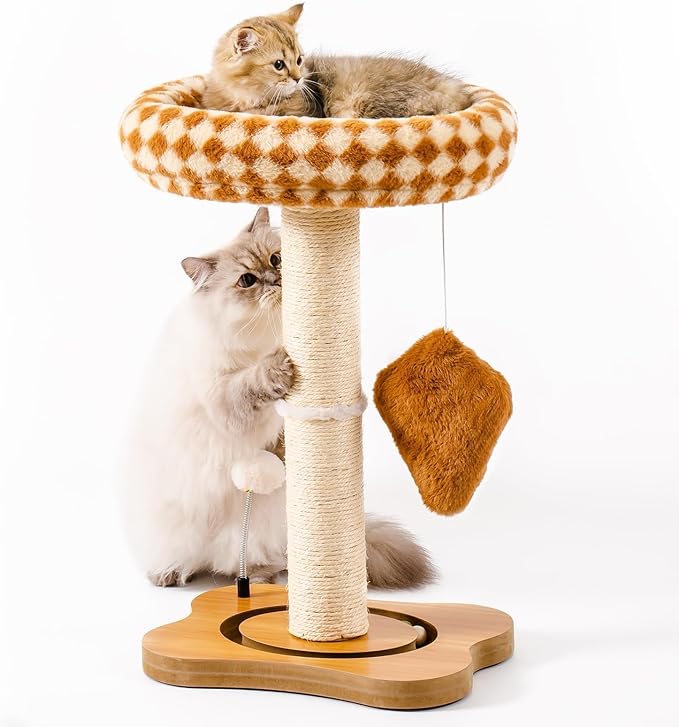 Mewoo Cat Scratching Post with Bed, Cat Tower with Cat Scratcher Post, Small Cat Tree for Indoor Cats, Sisal Cat Scratcher with Removable Cat Perch, Cat Ball Track and Kittens Toys (Brown, Medium)