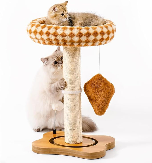 Mewoo Cat Scratching Post with Bed, Cat Tower with Cat Scratcher Post, Small Cat Tree for Indoor Cats, Sisal Cat Scratcher with Removable Cat Perch, Cat Ball Track and Kittens Toys (Brown, Medium)