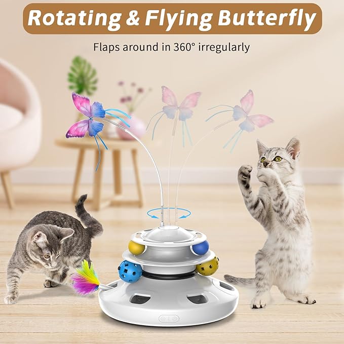 Cat Toys, 4-in-1 cat Interactive Toy for Indoor Rechargeable Automatic with Fluttering Butterfly Random Moving for Bored Indoor Adult Cats Kittens All Breeds White