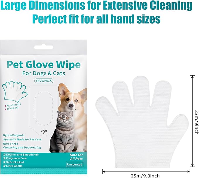 Pet Glove Wipes for Dogs and Cats, No-Rinse, Deodorizing, Grooming Gloves for Paws, Face, Butt, and Legs, Portable Travel-Friendly, Family Stockpile, 30PCS