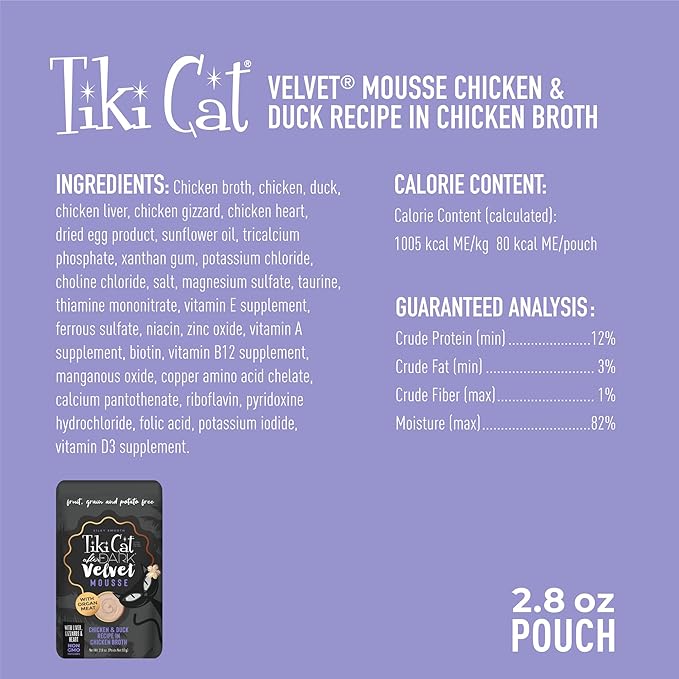 Tiki Cat After Dark, Velvet Mousse, Chicken & Duck Recipe in Chicken Broth, Grain & Potato Free Formula, with High Protein & Nutrient Dense Blended Irresistible Organ Meat, 2.8 oz. Pouch (Pack of 12)