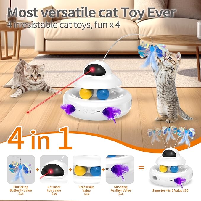 Cat Toy,Interactive 4-in-1 Automatic Cat Toys for Indoor Cats,Electronic Whack a Mole, Fluttering Butterfly,Track Balls Kitten Toy,Feather Toys for All Breeds