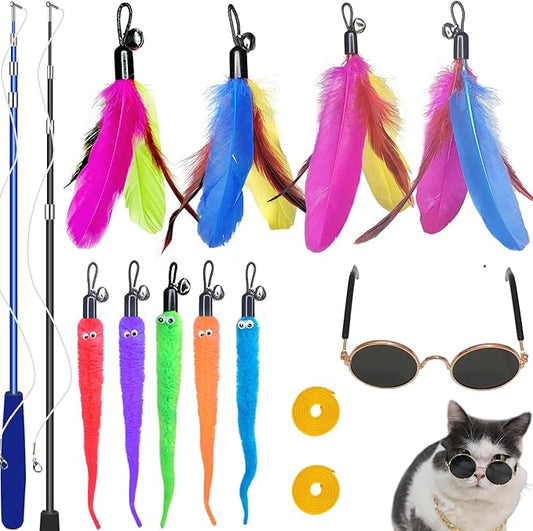 ZPH Cat Toys Interactive for Indoor Cats,2PCS Retractable Cat Wand Toys,9PCS Teaser Toys&1PCS Cat Eyeglasses Cat Toy,Interactive Feather Toy for Teaser Play and Chase Exercise with Kitten