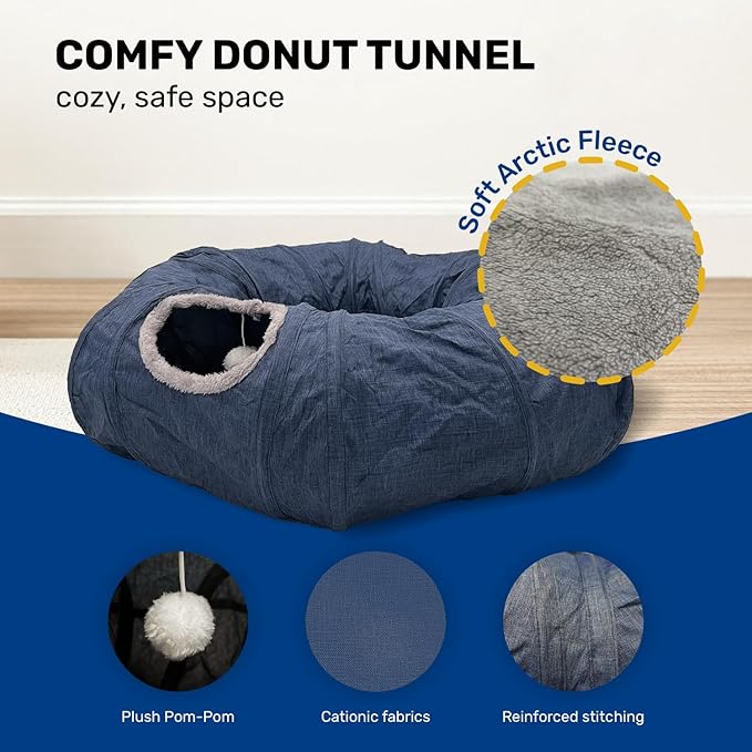 Cat Tunnel 3 Ways Play Tunnel, Durable Cationic Fabric Collapsible Breathable Cat Hideout with Rest Mat, All Season O S C Shape Cat Play Tunnel Toys for Indoor Small Medium Large Cats (Blue)