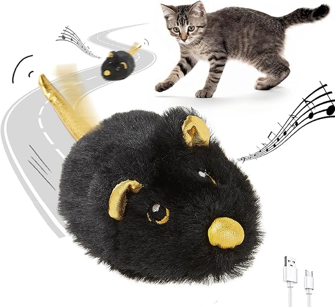 Cat Toys Squeaky Rechargeable Moving Mouse with Dynamic Magic Tail, Automatic Self Play Mouse Interactive Cat Toy for Indoor Cats, Kitten's Electric Multi-Mode Activated Mouse Toy (Black)