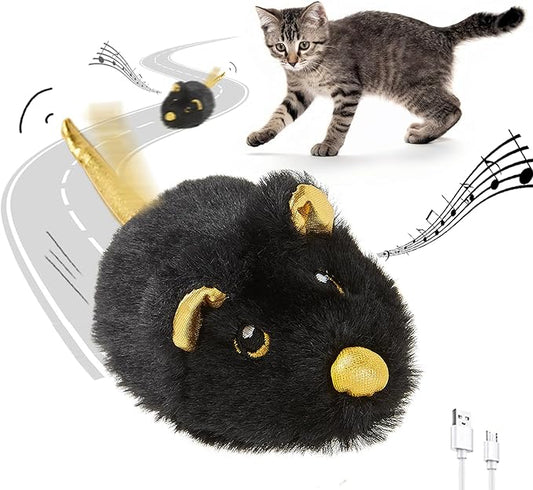 Cat Toys Squeaky Rechargeable Moving Mouse with Dynamic Magic Tail, Automatic Self Play Mouse Interactive Cat Toy for Indoor Cats, Kitten's Electric Multi-Mode Activated Mouse Toy (Black)