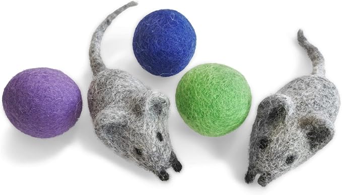 Felt Wool Ball and Mouse Toys for Cats and Kittens, Adorable Colorful Soft Quiet Fabric Balls, Without Catnip, Handmade - for Cat Lovers, 2 Felt Mice 3 Felt Balls