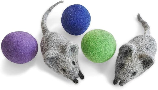 Felt Wool Ball and Mouse Toys for Cats and Kittens, Adorable Colorful Soft Quiet Fabric Balls, Without Catnip, Handmade - for Cat Lovers, 2 Felt Mice 3 Felt Balls