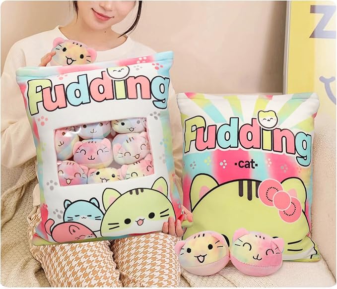 Cat Plush Pillow, Cute Plushies with Kitten Doll, Removable Stuffed Animals Throw Pillow, Kawaii Plushies Cat Toy for Kids, Gift for Girls Boys Birthday (Colorful Kittens)