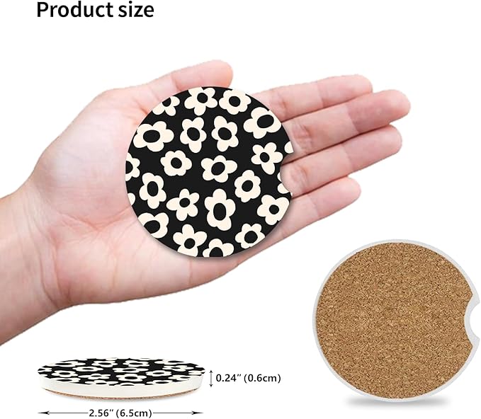 Absorbent Car Coasters 2 Pack for Cup Holders, 2.56" Ceramic Stone & Non-Scratch Cork Base Drink Coasters(White Flower)