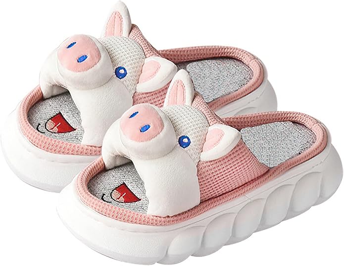 AZCHEN Women's Animal Cartoon Pig Slippers - Cute and Comfortable Linen Plush Slippers for Home