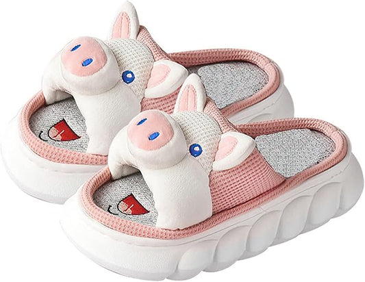AZCHEN Women's Animal Cartoon Pig Slippers - Cute and Comfortable Linen Plush Slippers for Home