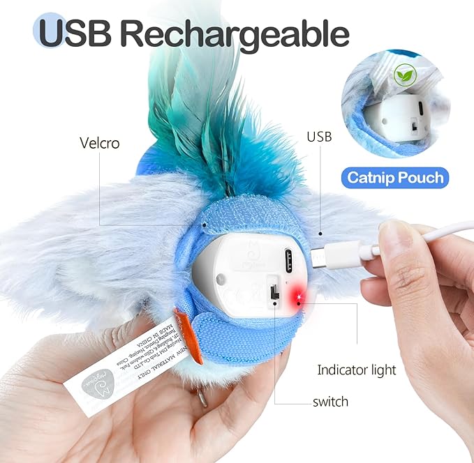 Migipaws Cat Toys,Interactive Lifelike Robin Flying Flapping Bird with Catnip, Feathers Hanging by Elastic String, Automatic Chirping Kitten Toys for Indoor Cats Self Play, Rechargeable(Blue)