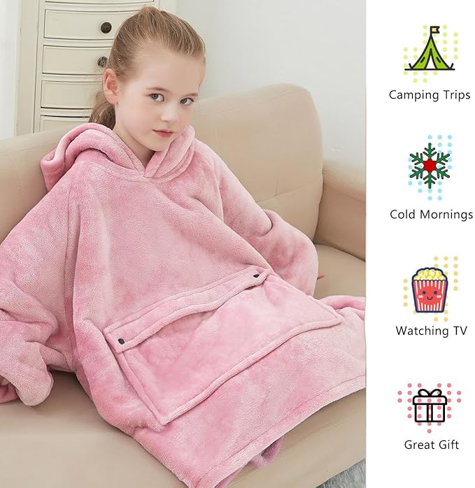 KFUBUO Wearable Blanket Hoodie for Kids Sherpa Patterns Oversized Sweatshirt Blanket With Pocket 6-10 Year Old Girls&Boys Birthday Gifts Pink