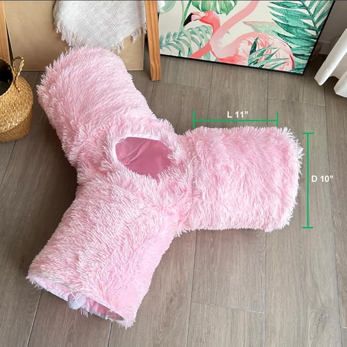Cat Tunnel Tube Toys, Tunnels for Indoor Cats Soft Warm Pink Plush, 3 Way Collapsible Interactive Toy Maze House with Peek Hole Dangling Ball for Rabbit, Puppy, Kitty, Kittens