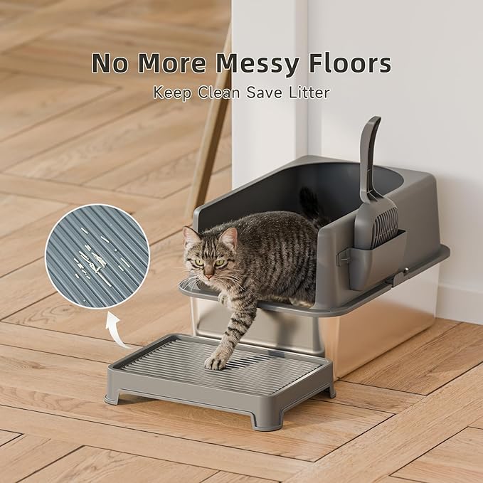High-Sided Stainless Steel Cat Litter Box,Stainless Steel Litter Box with Lid,Extra Large Litter Box,Easy-to-Clean Metal Litter Pan for Cats (20''L X 14''W X 12''H with Scoop&mat)