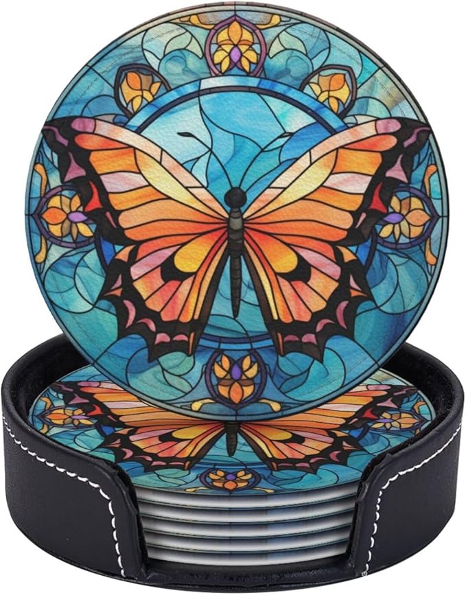 Butterfly Drink Coaster Set of 6, Butterfly Decor Gifts, Leather Drink Coasters with Holder, 6 Pack Cup/Bar/Drink Coasters for Table/Drinks/Coffee Protection Housewarming Gift (Butterfly)