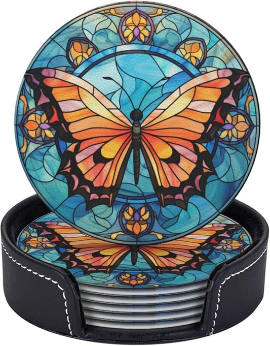 Butterfly Drink Coaster Set of 6, Butterfly Decor Gifts, Leather Drink Coasters with Holder, 6 Pack Cup/Bar/Drink Coasters for Table/Drinks/Coffee Protection Housewarming Gift (Butterfly)