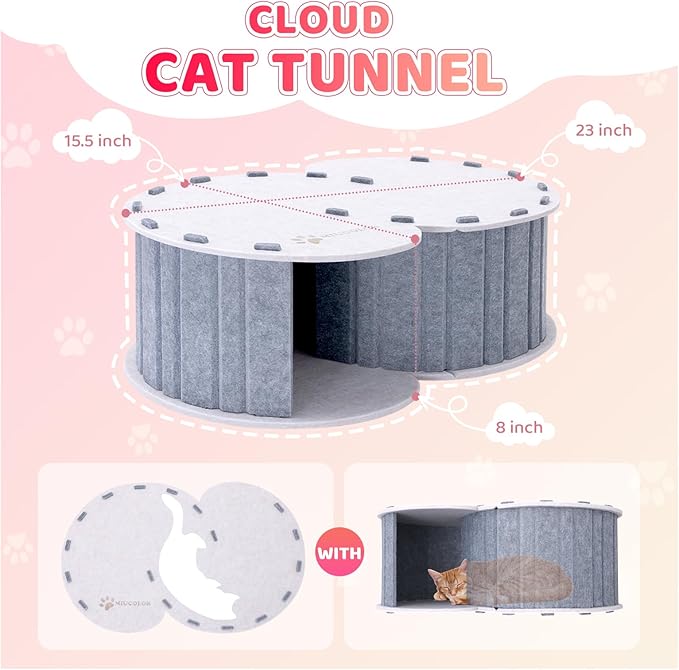 Cloud Cat Play Tunnel with Cat Bed, MIU COLOR Cat Chase Playground, Foldable Scratch Resistant Double-Layer Cat Cave, Cat Hideaway Tunnel Tube Toys, for Cats up to 10 lbs